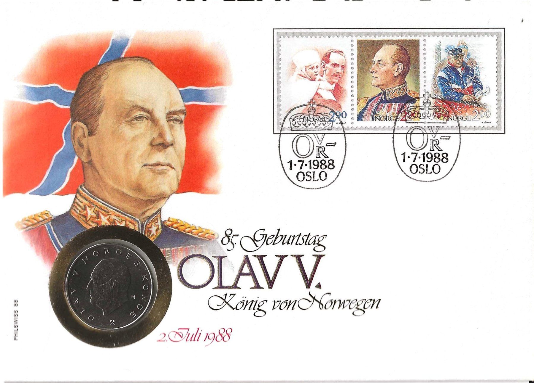 Tutti le monete: Münzbrief König OLAV V. 1988 – Usato da Zürich venduto da Philacat11