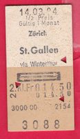 KARTON BILLETT, ZÜRICH - ST.GALLEN, 2.KLASSE, HALBTAX, RETOU