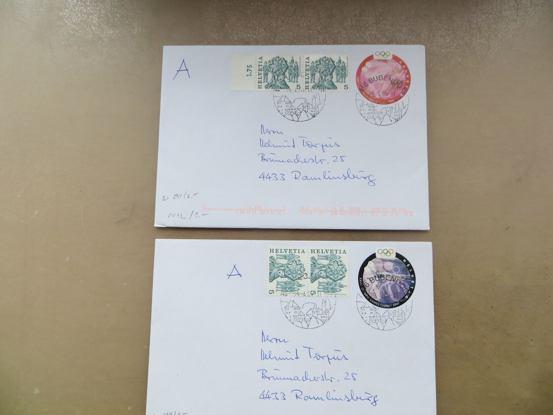 Tutti i francobolli: 2 gelaufene Briefe 4416 Bubendorf BL mit Olympia 2000 – Usato da Basel venduto da 8013
