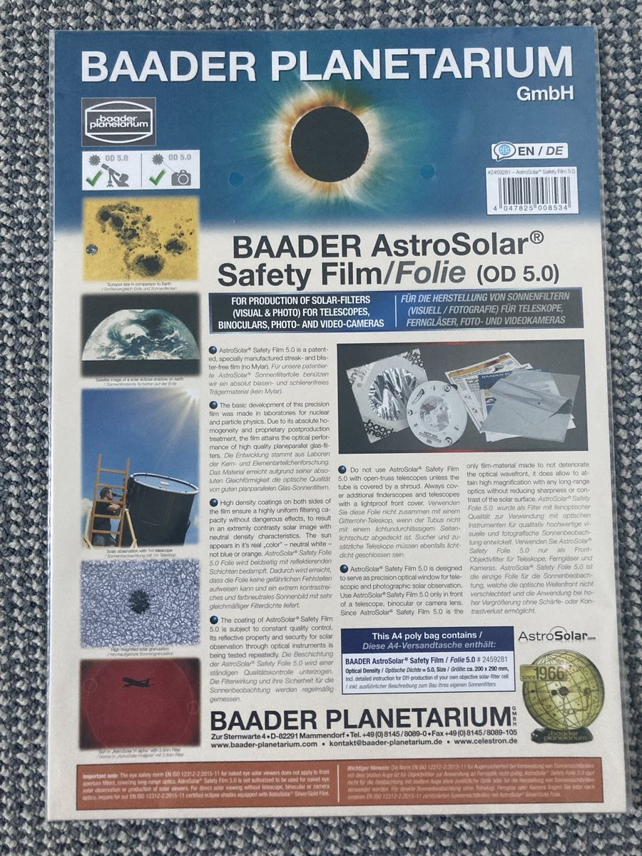 Lackretusche & Schutzfolien: Baader AstroSolar Safety Film – Neu und originalverpackt aus Kilchberg ZH von mar_pjx8