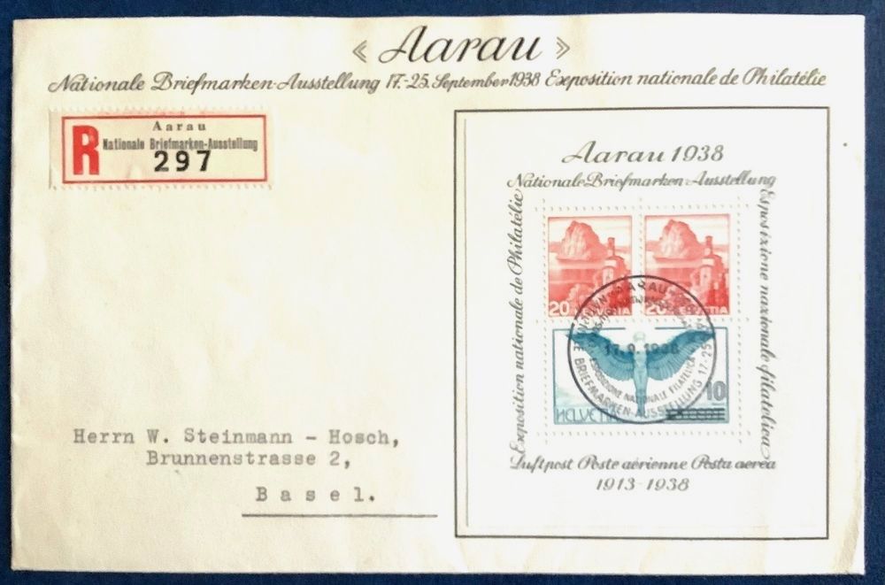 Alle Briefmarken: 1938- W11 Aarauer-Block auf R - Ersttagsbrief, Kat: 80. – Gebraucht aus Liestal von Pep3