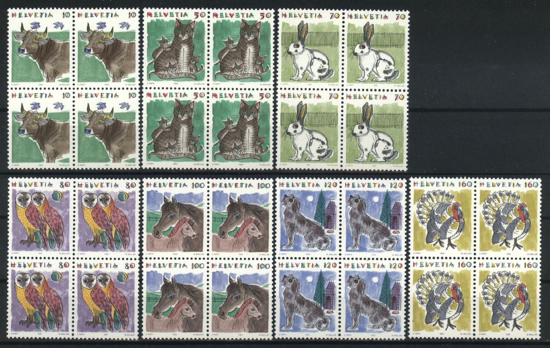 Alle Briefmarken: 1990/93, Tiere I, Viererblöcke ** – Gebraucht aus Willisau von Vollstempel