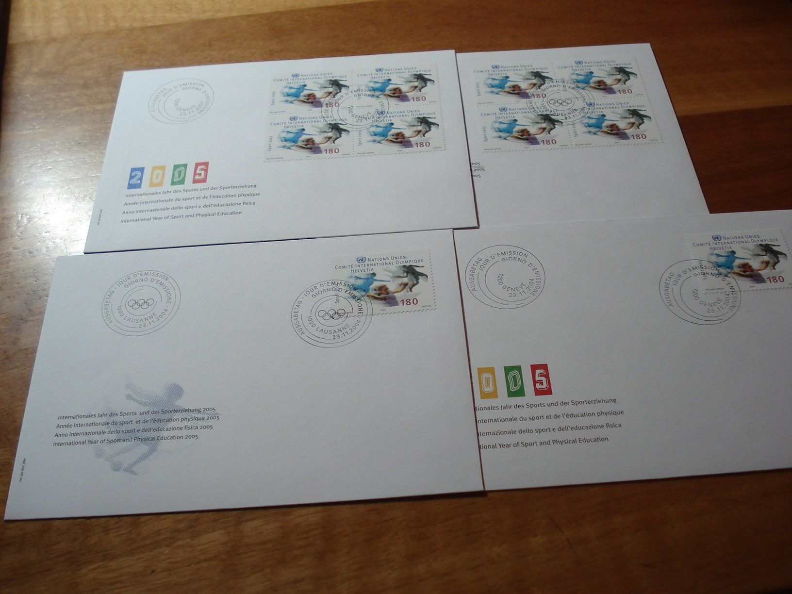 Alle Briefmarken: 2 mal Sportmarken UN, 2004, FDC Einzel + 4erblock – Gebraucht aus Niederwil AG von morostahu 1