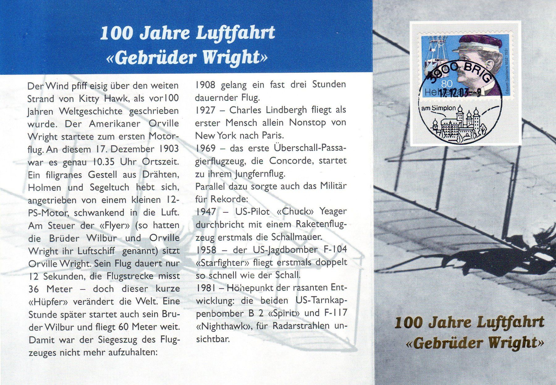 Tutti i francobolli: GEDENKFOLDER 100 JAHRE LUFTFAHRT GEBRÜDER WRIGHT 2003 - FL8 – Nuovo (secondo la descrizione) da Losone venduto da EM2019 2
