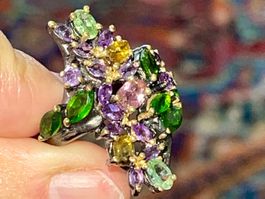 🎁 Tourmaline Amethyst & Garnets SS925 14K Gold Vermeil Ring