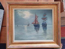 Tableau marin ancien encadré - Voiliers et mer calme