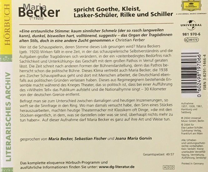 Audiolibri: Maria Becker spricht Goethe, Kleist, Rilke, Schiller... – Usato da Grüningen venduto da azulamarillo 1