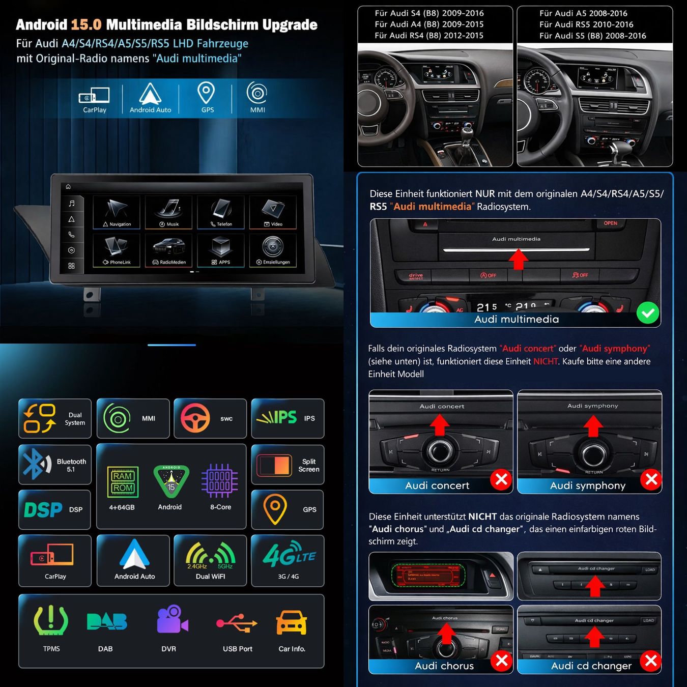 Navigatori: Audi A4 A5 Android Blidschirm Carplay DAB+ S4 S5 Autoradio – Nuovo e nell'imballaggio originale da Chiasso venduto da online.shop 1