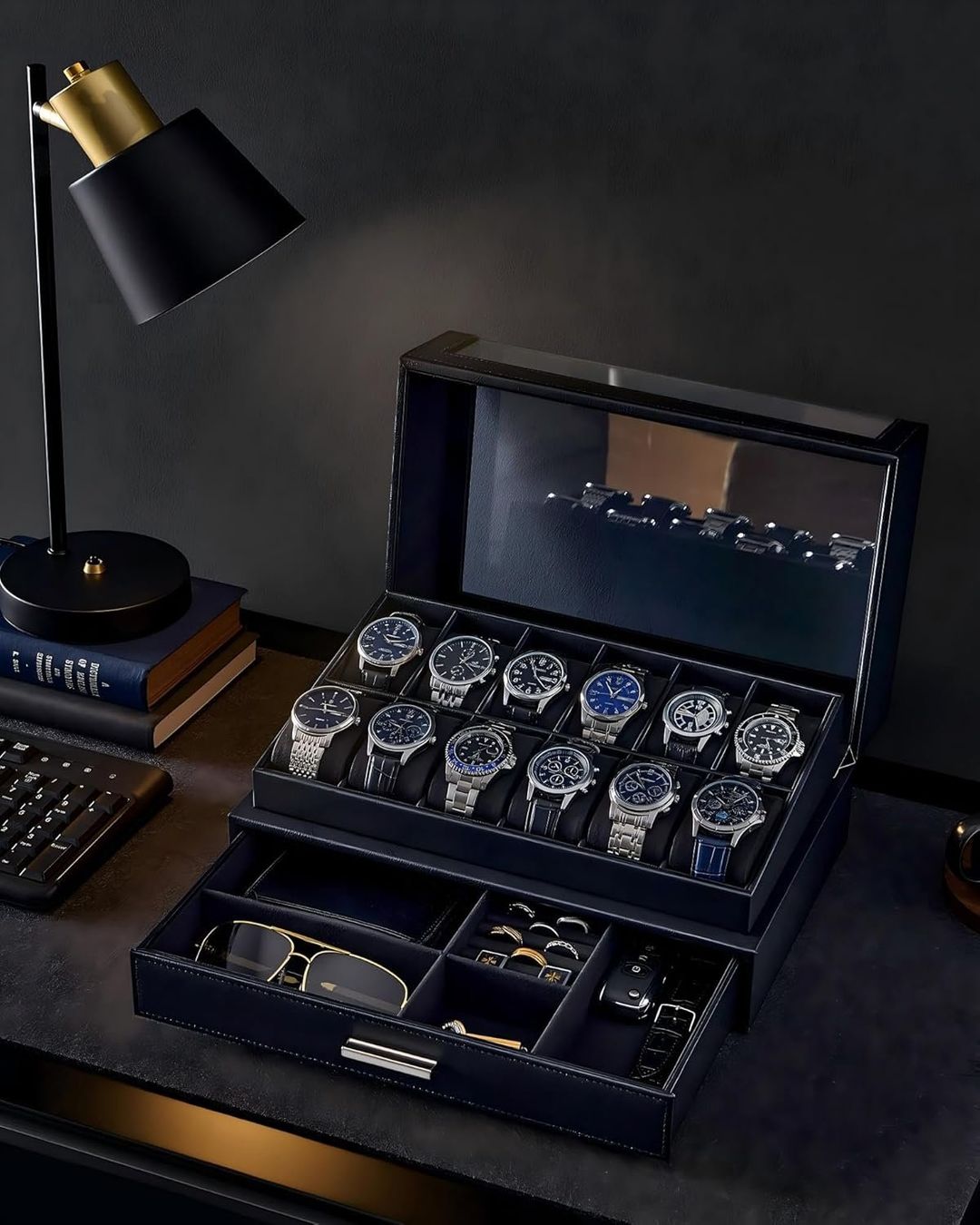 Scatole porta orologi: Uhrenbox 12 Fächer mit Schublade Glasdeckel schwarz – Nuovo e nell'imballaggio originale da Wittenbach venduto da SELVARO 2