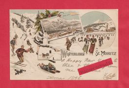 St. Moritz (GR) 4-Bild Litho Winter in Oberengad