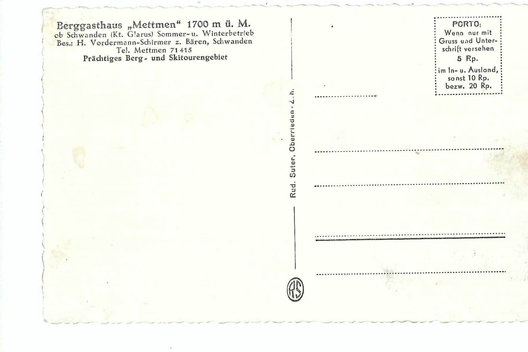 Ansichtskarten: Berggasthaus Mettmen mit Glärnisch, Kt. Glarus – Gebraucht aus Thun von 44wart 1