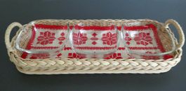 Korb / Tablett mit 3 Glasschalen und Stoffeinlage, 37x15 cm