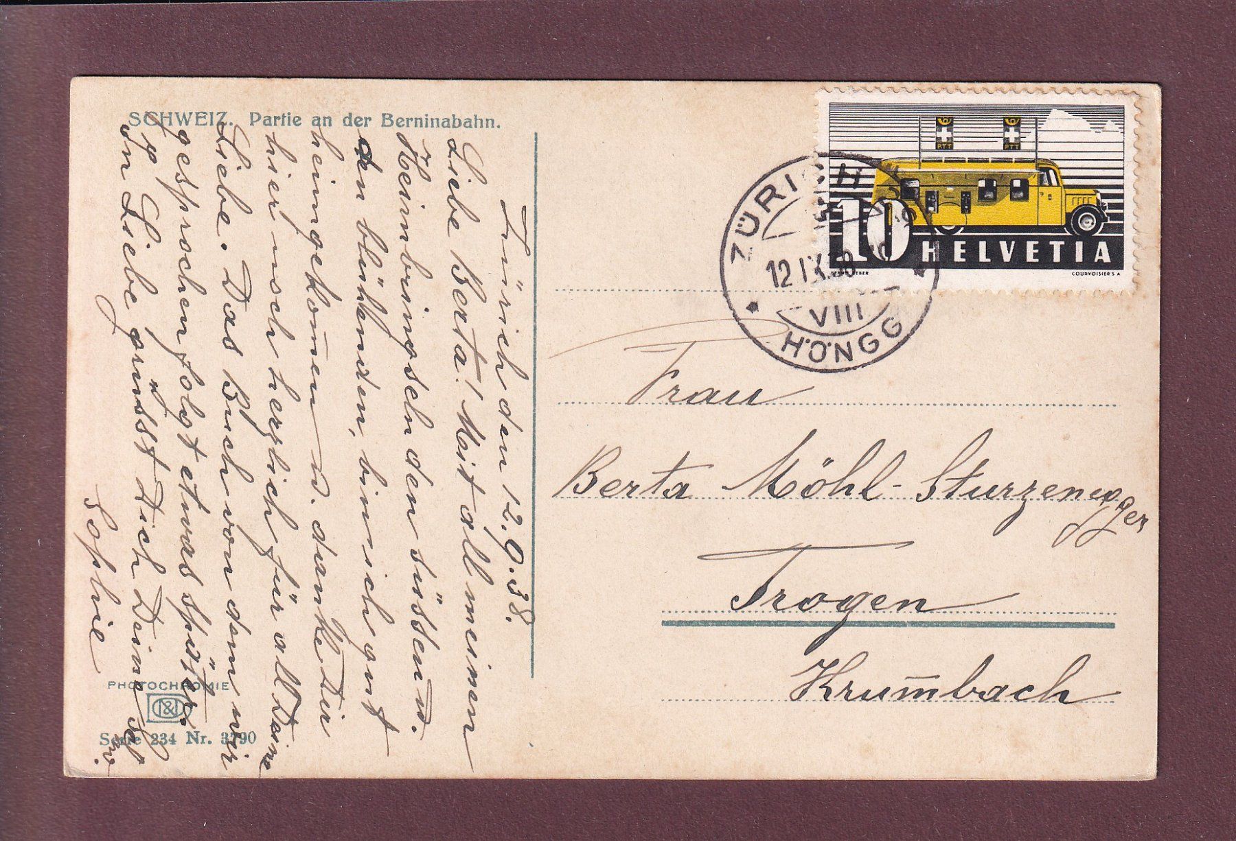 Cartoline postali: Partie an der BERNINA-BAHN - 1938 – Usato da Pully venduto da nicecards 1