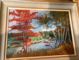 Tableau d'automne signé S.Dubey, cadre vintage