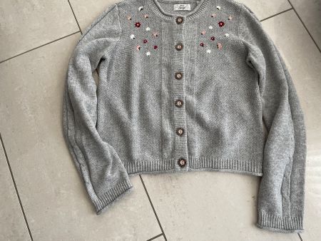 Strickjacke, Gr. 36/38, Grau mit Blumen