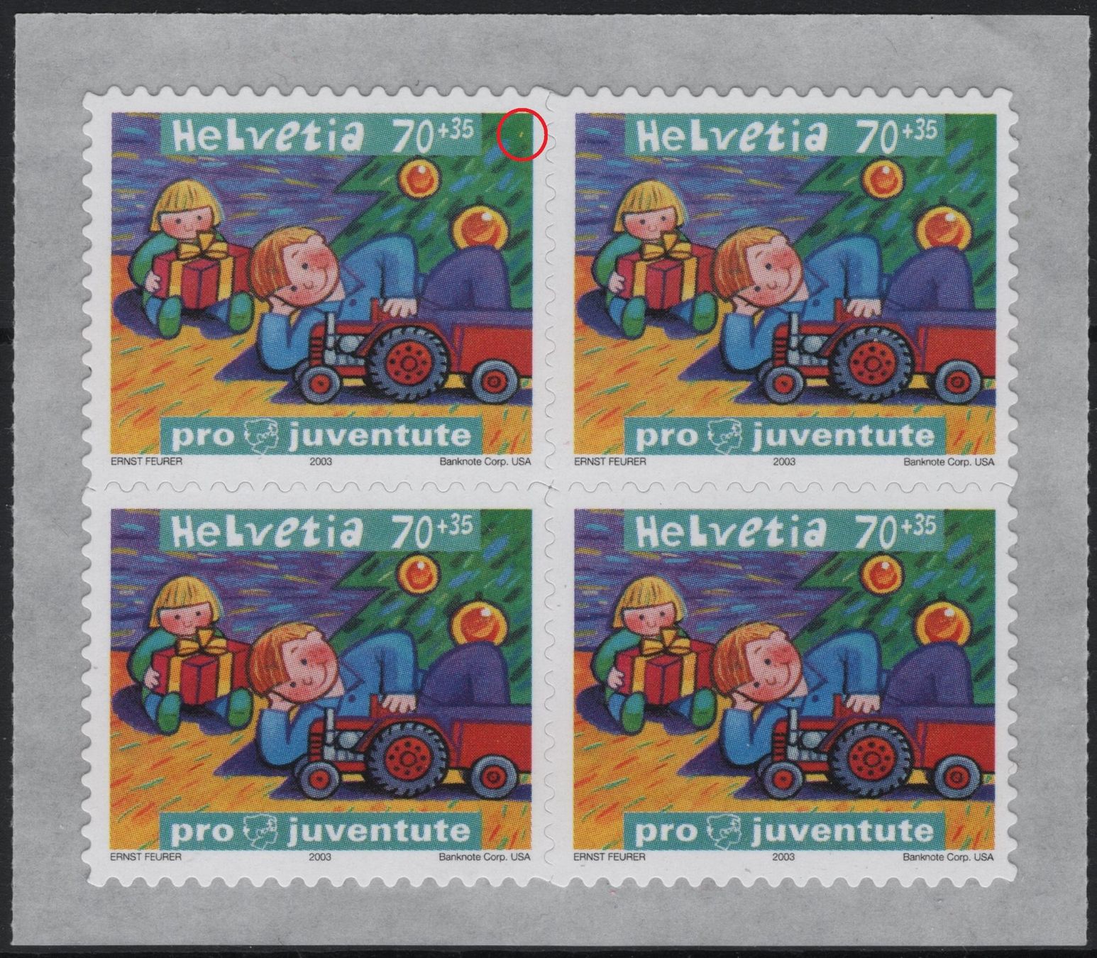 Alle Briefmarken: 70 Rp. Pro Juventute 2003 - Viererblock mit ABART – Neu (gemäss Beschreibung) aus Eglisau von Chperfins