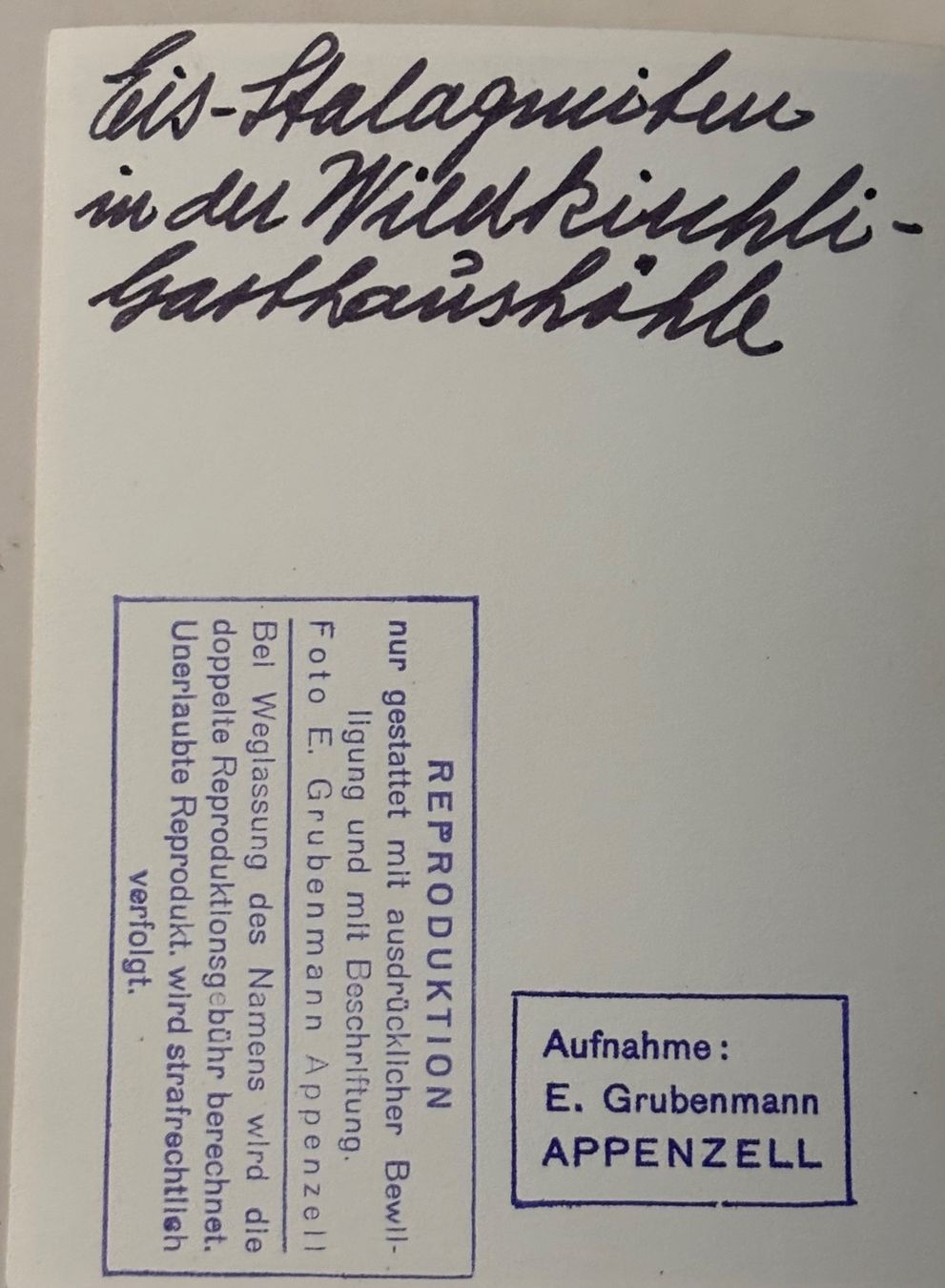 Cartoline postali: Foto E. Grubenmann, Eis Stalagmiten, Wildkirchli Höhle – Usato da Frauenfeld venduto da Merk52 1