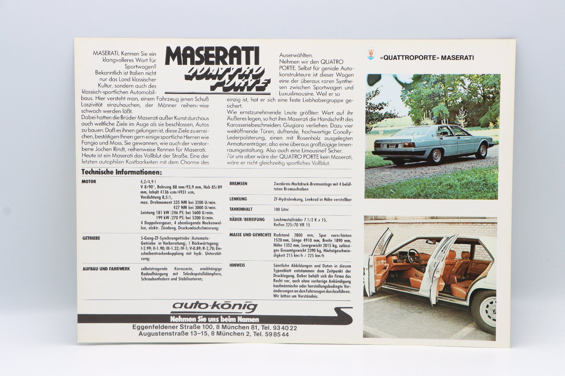 Maserati Documenti: Maserati Quattroporte 1978 Prospektblatt – Usato da Bühl b.Aarberg venduto da Collectorpassions 1