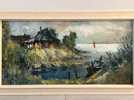113x64/ Kurt Schulze 1974/ Ölgemälde See Landschaft mit Boot