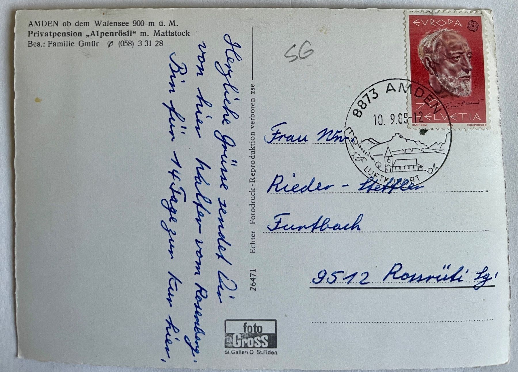 Cartoline postali: AMDEN - Privatepension "ALPENRÖSLI" 1965 – Usato da Lutry venduto da Ediego 1