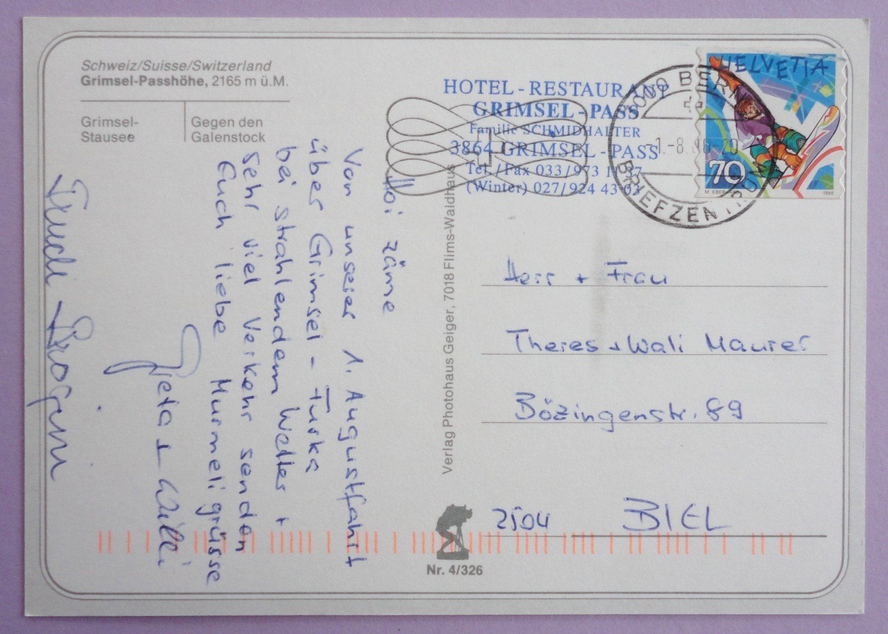 Ansichtskarten: Grimsel-Passhöhe 2165 m ü.M. – Gebraucht aus Fétigny von Billy2miny 1