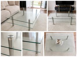 Moderner Glas-Couchtisch mit Edelstahlfüssen