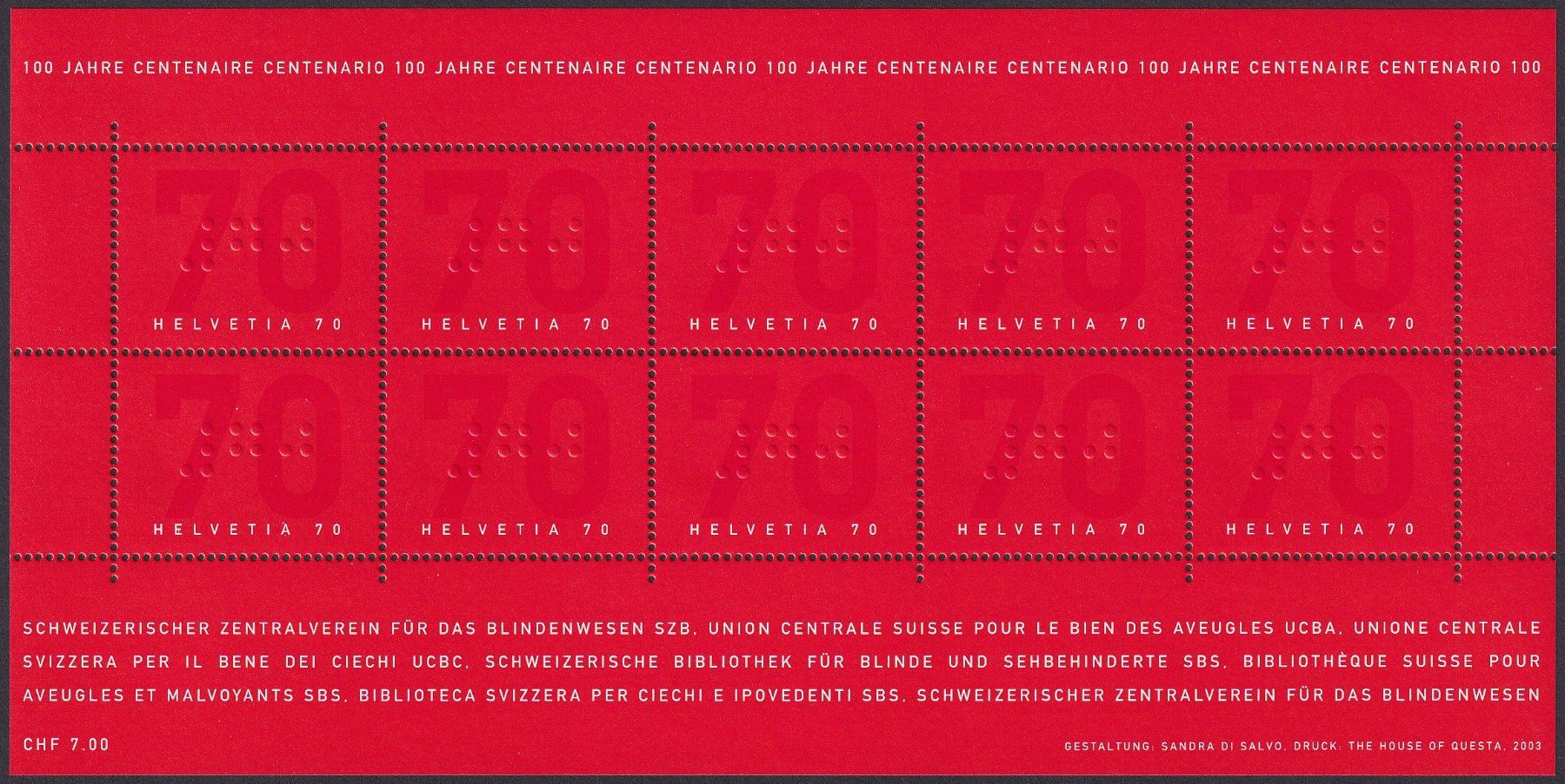 Tutti i francobolli: 2003, Blinden Kleinbogen Nr. 1080 postfrisch ** FW: 7.- – Nuovo (secondo la descrizione) da Ebikon venduto da SilvioFreund