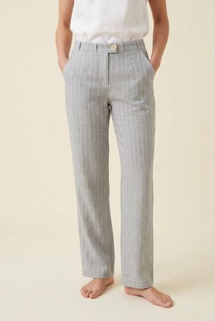 Ascari Pantalon Rayures Grises Viscose Lin Mélangé T. 36
