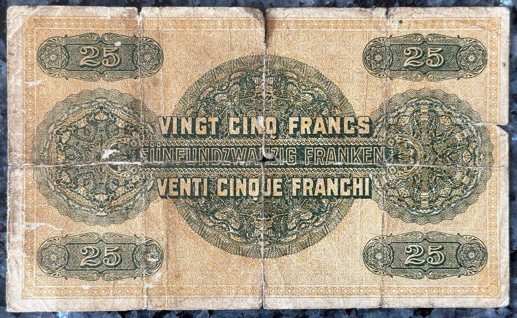 Banconote: Schweizer 25 Franken Note, 9. September 1914 Sondernote – Usato da Beringen venduto da Mantafisch1 1