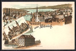 Litho Zürich, Totalansicht, Rathaus, To
