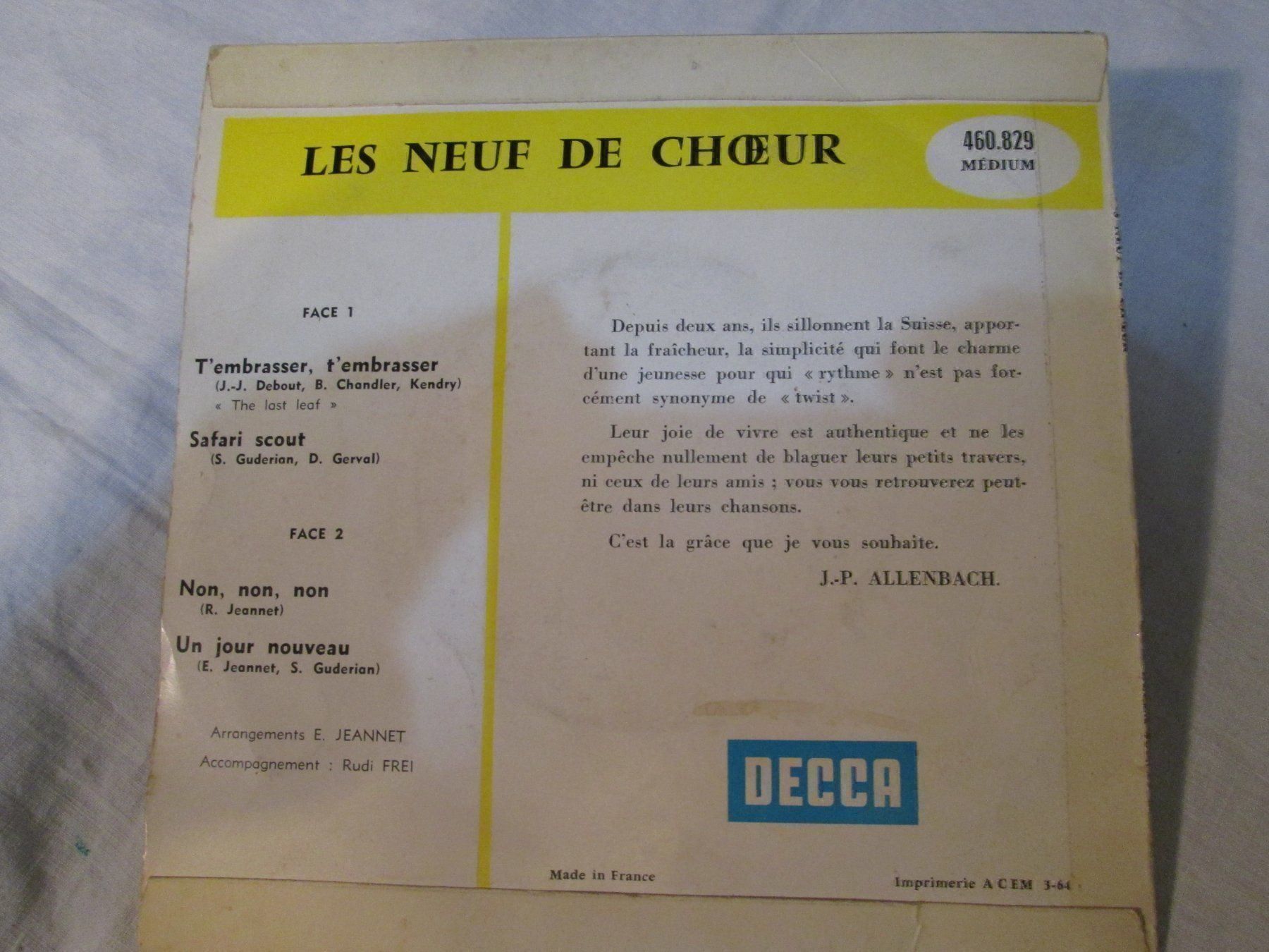 Schallplatten: Vinyle Les Neuf de Chœur - Decca 45t 1964 – Gebraucht aus la Chaux-de-Fonds von Lampe 1