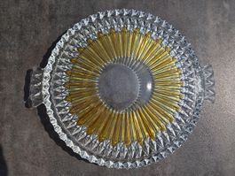 Art Déco / Vintage Glasplatte mit Gold-Gelb Strahlenmuster