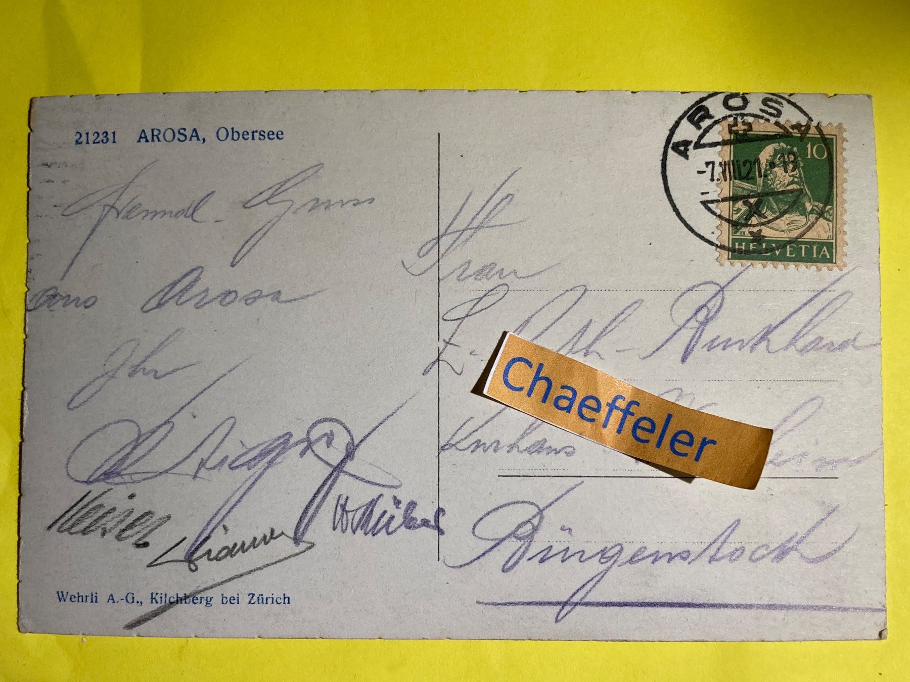 Cartoline postali: 1921 Arosa, Obersee – Usato da Zürich venduto da Chaeffeler 1
