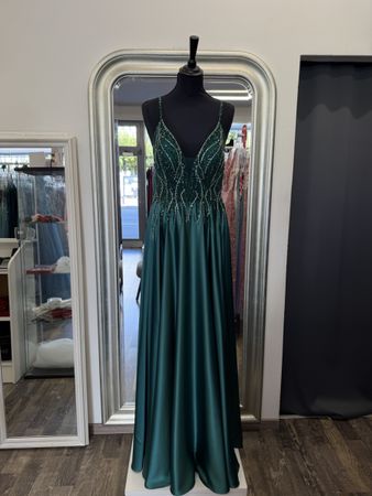 Abendkleid dunkelgrün mit Perlen Grösse 38