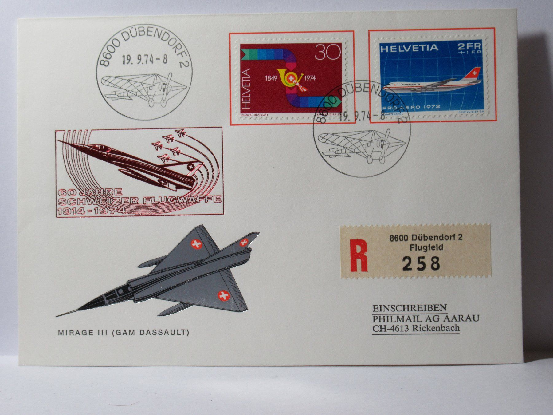 Tous les timbres: Brief , 60 Jahre Schweizer Flugwaffe , Mirage III – D'occasion à Grenchen par Bluemchen1900