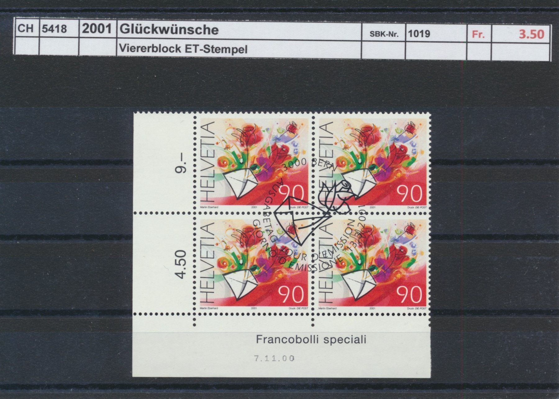 Tutti i francobolli: 2001 "Glückwünsche", Viererblock, ET - Stempel – Usato da Winterthur venduto da Zupogeru