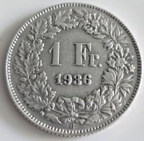1 Fr. Helvetia 1936 Münze Silber guter Zustand