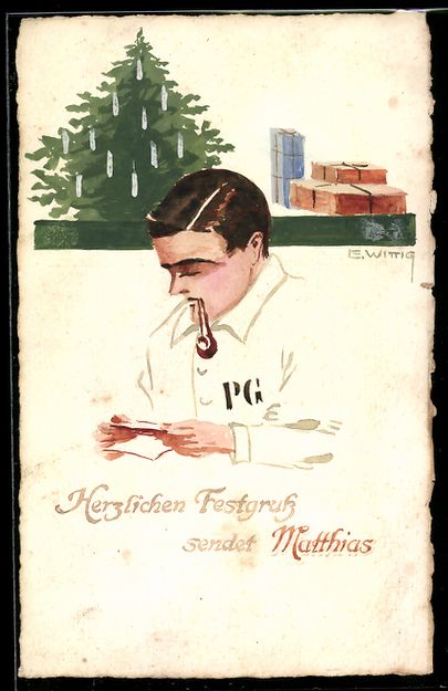 Cartes postales: Handgemalt: Herr mit Pfeife liest zu Wei – D'occasion à Berlin par bartko-reher