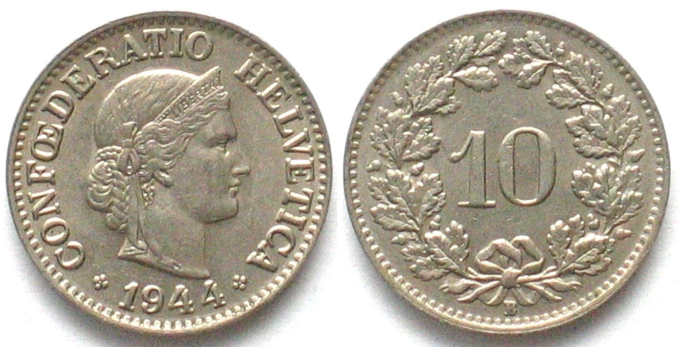 Alle Münzen: Schweiz EIDGENOSSENSCHAFT 10 Rappen 1944 Ku-Ni – Gebraucht aus Riehen von sesambestcoins2004