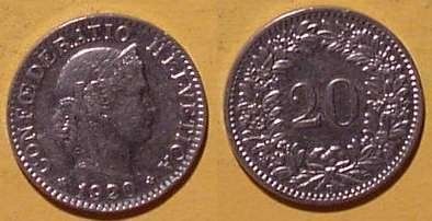 Toutes les monnaies: 20 Rappen 1920 – D'occasion à Allschwil par Coinfreak