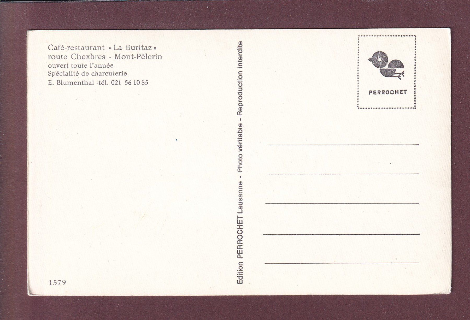 Cartes postales: CHEXBRES - Restaurant LA BURITAZ - E. Blumenthal – D'occasion à Pully par nicecards 1