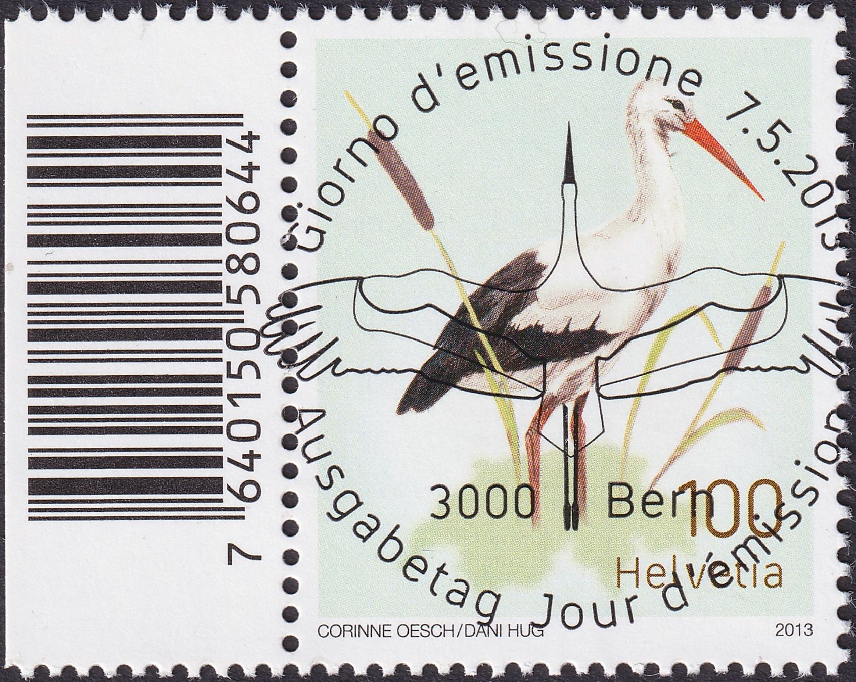 Tutti i francobolli: 2013, Nr.1466 "Weissstorch" mit Ersttags-Voll-Stempel. – Usato da Sursee venduto da Luzernerraute