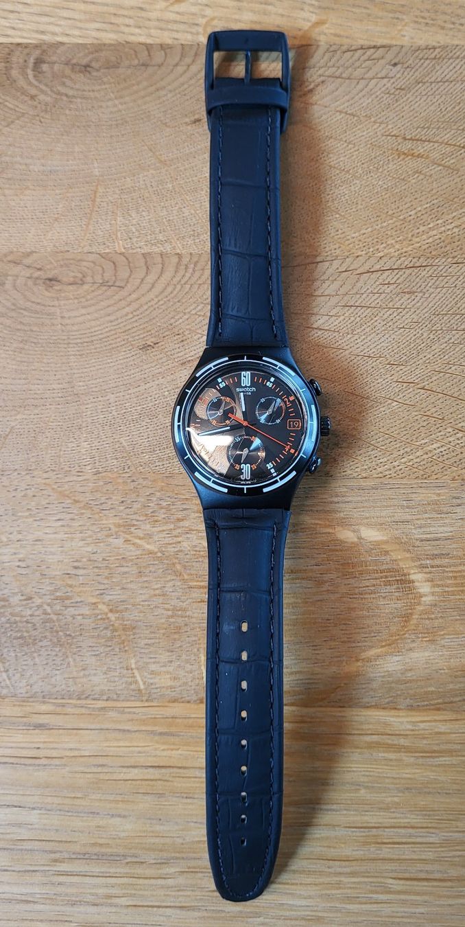 Swatch Orologi: Swatch Irony Chrono schwarz mit Lederarmband – Nuovo e nell'imballaggio originale da Rothenburg venduto da Edelbert13 1