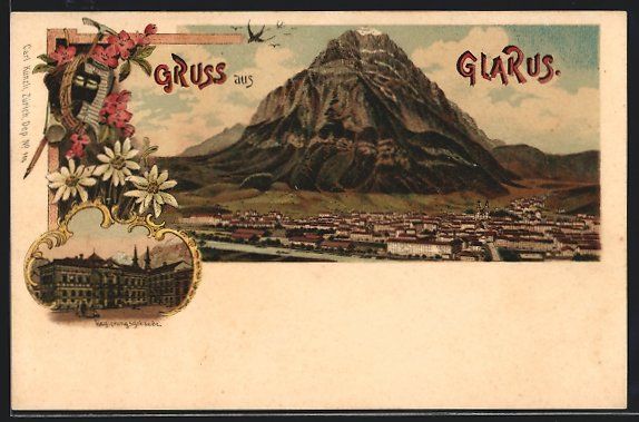 Cartoline postali: Litho Glarus, Regierungsgebäude, Ortsan – Usato da Berlin venduto da bartko-reher