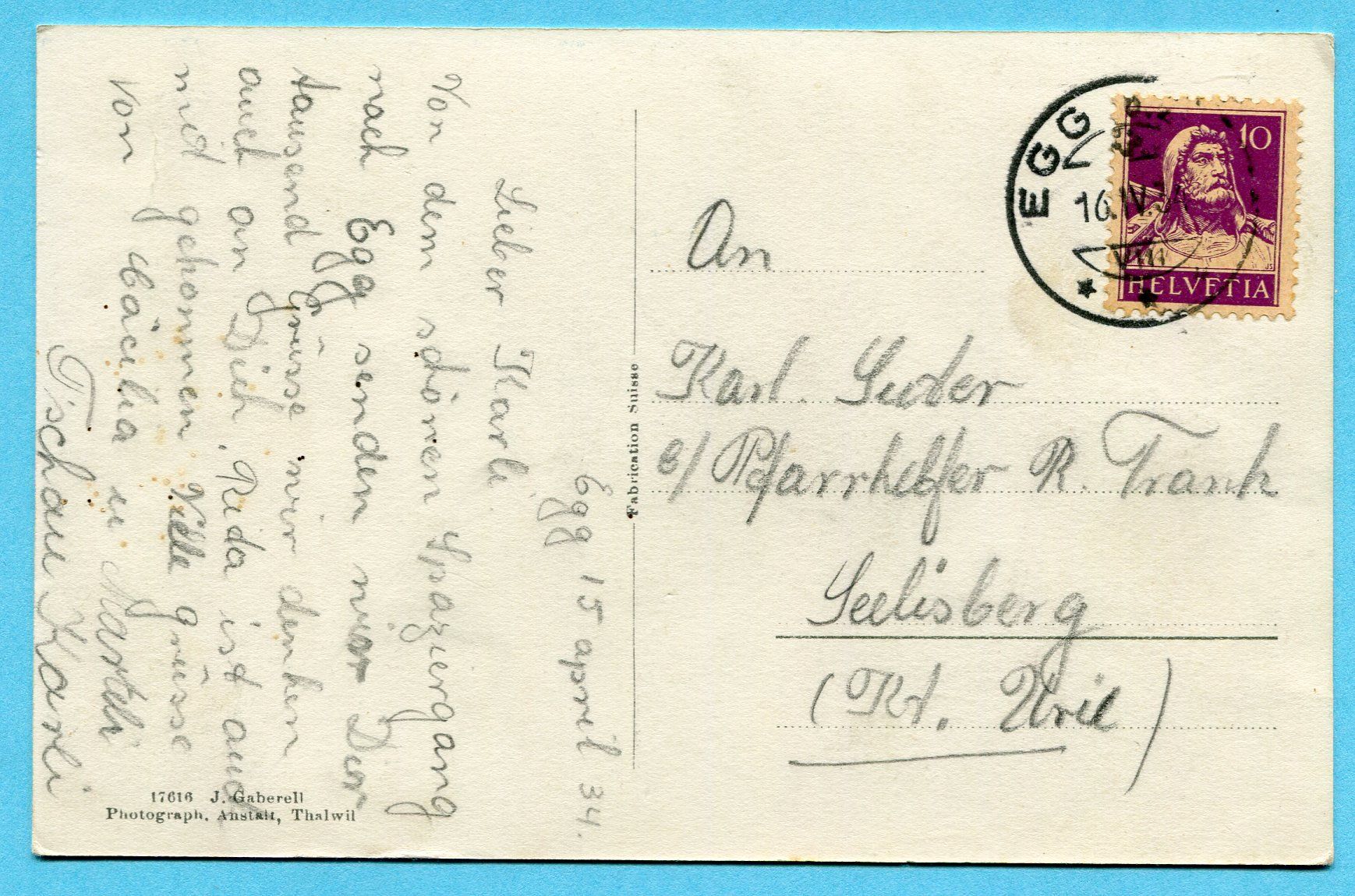 Cartoline postali: Wallfahrtskirche St. Antonius v. P. in Egg 1934 – Usato da Opfikon venduto da Prophila 1