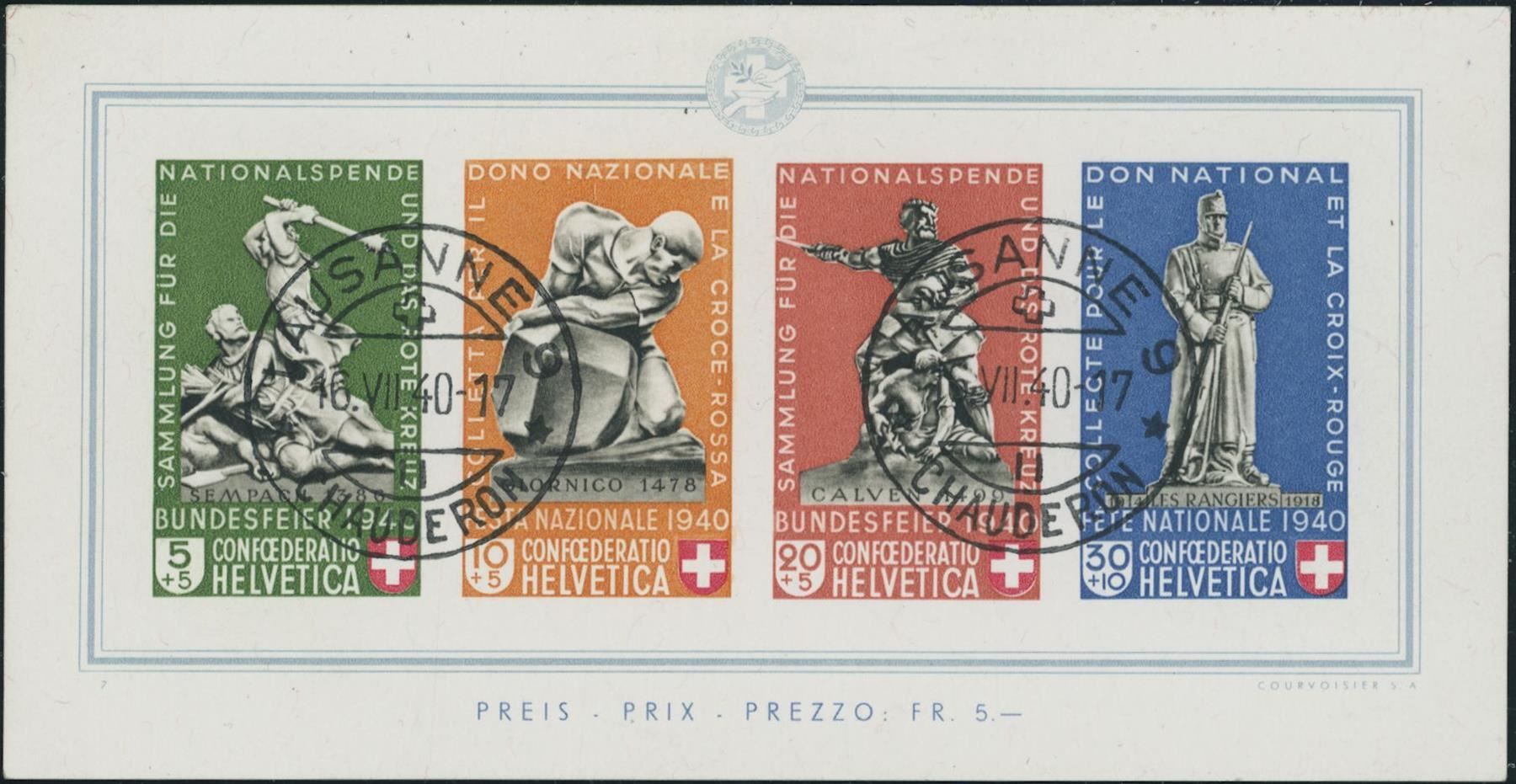 Tutti i francobolli: 1940 - Pro Patria - Block - ET Voll – Usato da Schindellegi venduto da leecollect