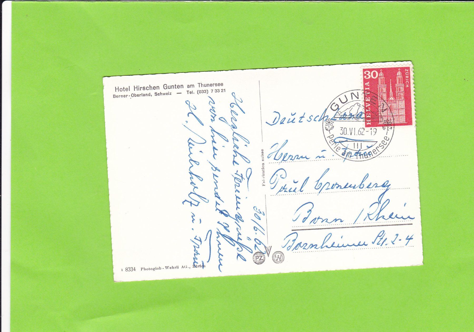 Cartoline postali: Gunten. Hotel Hirschen – Usato da St. Peterzell venduto da neckertal 1