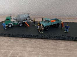 2 Baufahrzeuge, Unimog, Betonmischer Set Wiking 1:87 Preiser