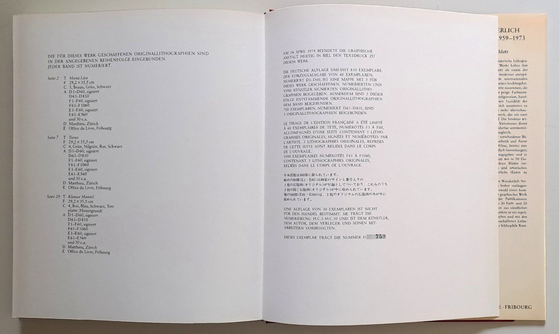 Libri: Paul Wunderlich: Lithographien 1959-1973. 3 Or.Lith. No.759 – Usato da Zürich venduto da archiphil 9