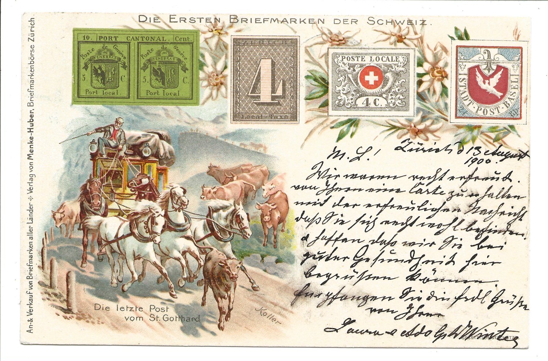 Cartoline postali: Die ersten CH-Briefmarken  - Gotthard Postkutsche Litho 1900 – Usato da Engelburg venduto da Cartophil
